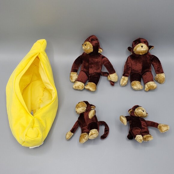 Pier 1 Imports Monkey Family of 4 in Banana Plush Velour Stuffed Animal Toy Set - Picture 1 of 13